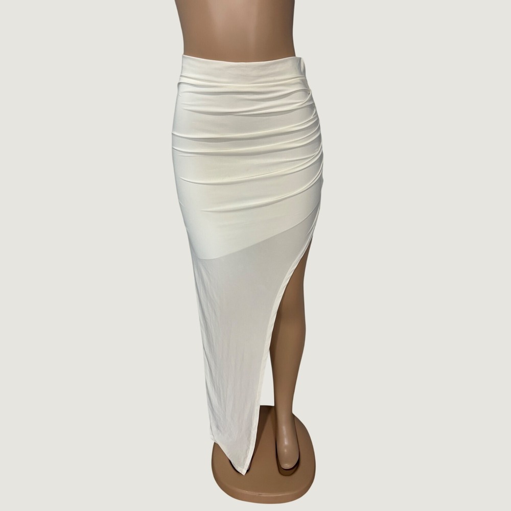 Windsor White Ruched Maxi Skirt High Slit Mesh Detail Size M Style Baddie